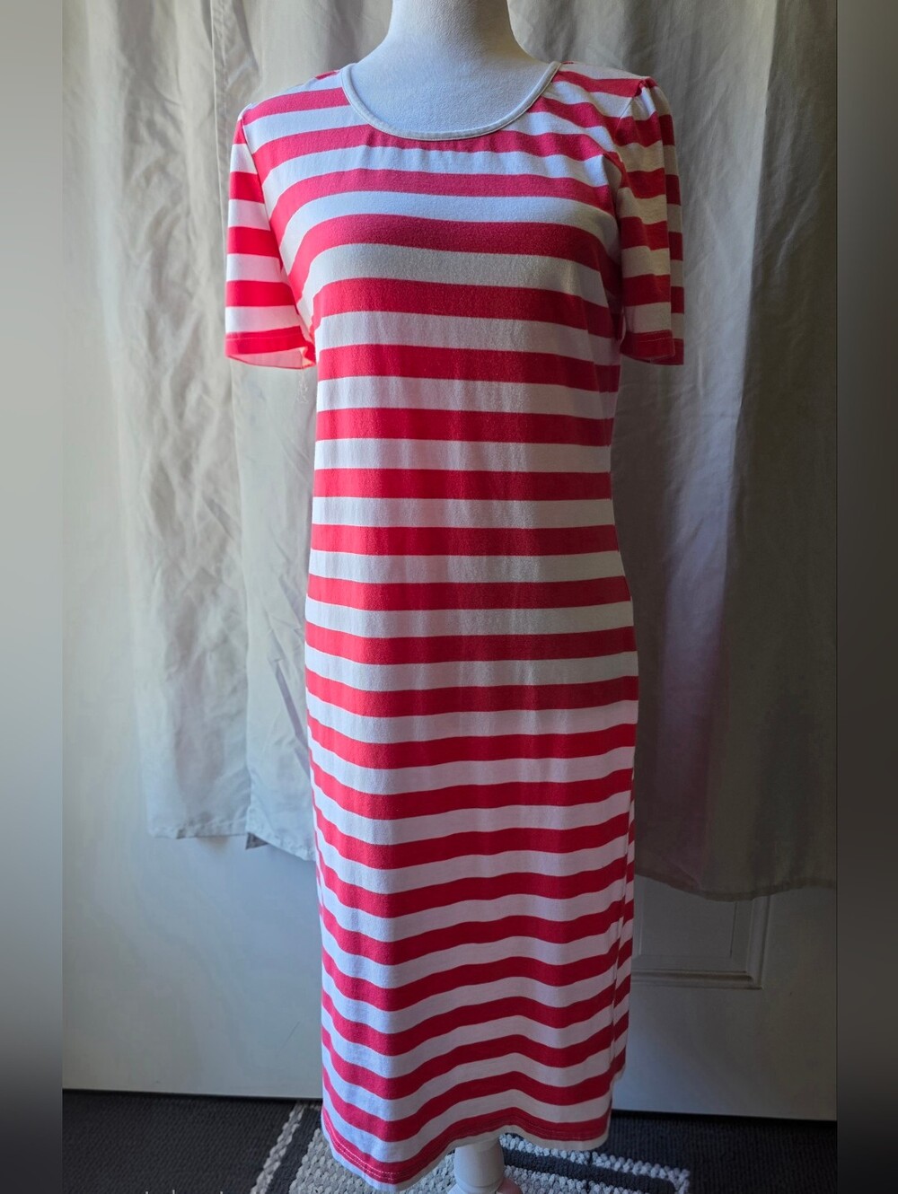 Evie J., Womens Pink and White Striped Knit Midi Dress, Size Large